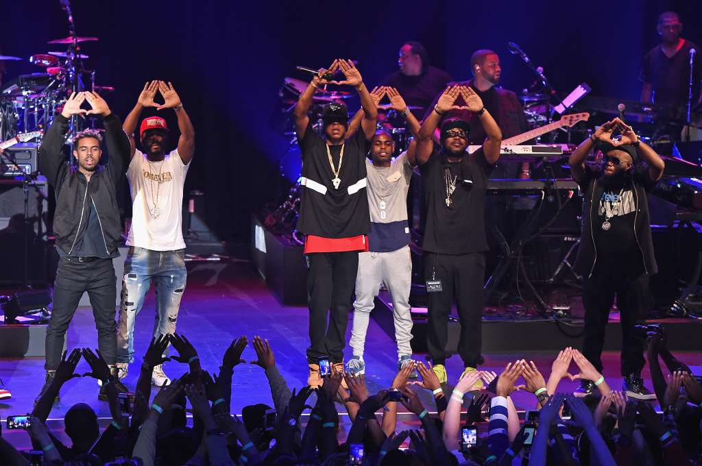 Neef Buck, Jay-Z, and Freeway appear onstage during TIDAL X: Jay-Z B-sides in NYC on May 16, 2015 in New York City